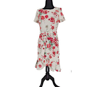 Calvin Klein White Floral Fit&Flare Asymmetrical Ruffle Hem Size 8 Lined Belt